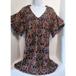 Karlie Paisley Embroidered Dress V Neck Ruffle Sleeve Black Red Blue SZ S BOHO